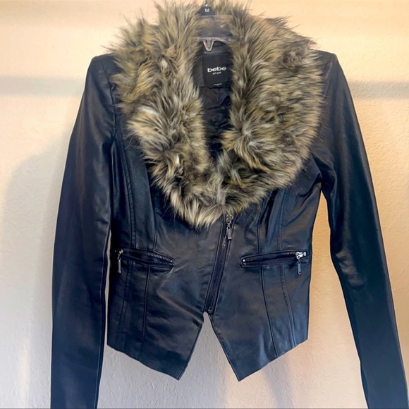 ISO BEBE FAUX LEATHER JACKET WITH FUR TRIM